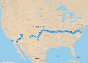 A map showing a bicycle route from the west coast to the east coast showing dozens of stops along the way
