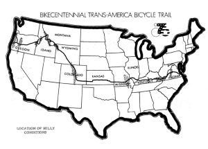 A scanned image of an old print from the "Bikecentennial Trans-America Bicycle Trail Map" in black and white