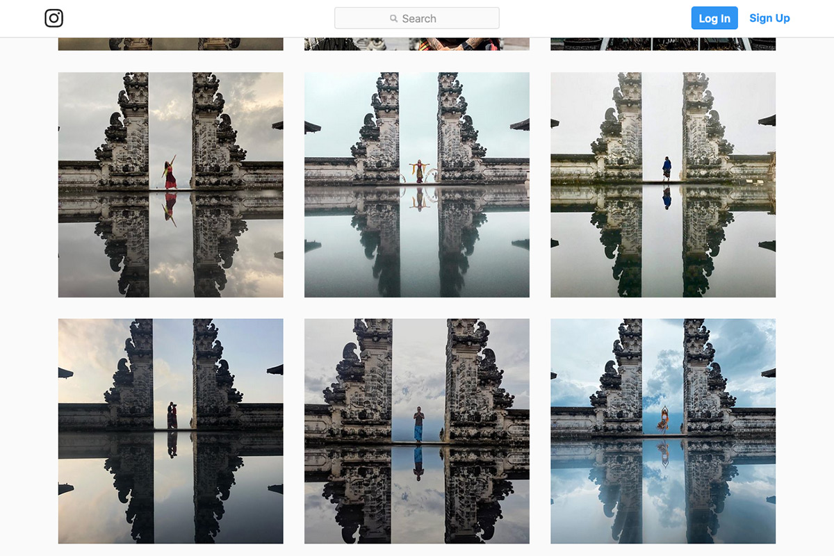 Manipulated photos of tourists exploring the "Gates of Heaven" in Bali, Indonesia